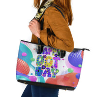 Happy Dot Day Leather Tote Bag Colorful Swirling Polka Dots and Whimsical Smiley Flowers