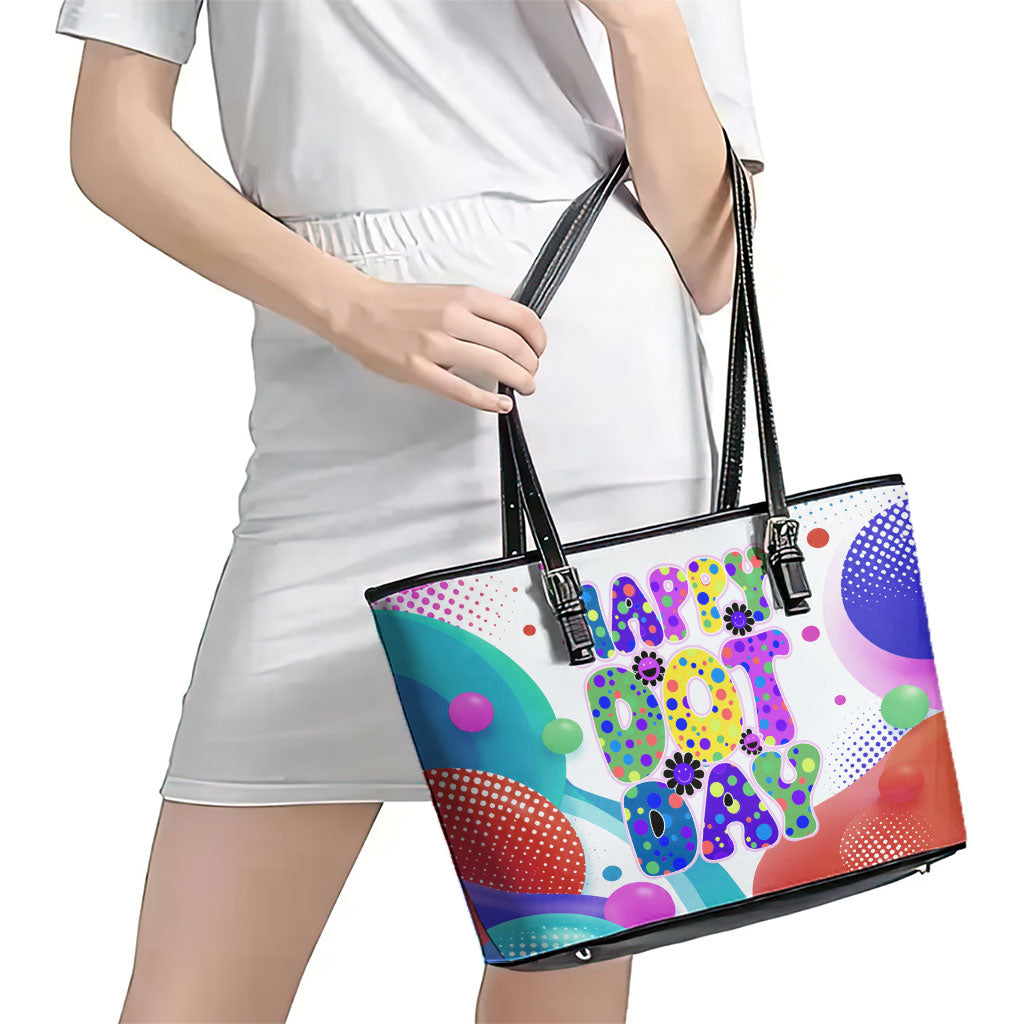 Happy Dot Day Leather Tote Bag Colorful Swirling Polka Dots and Whimsical Smiley Flowers