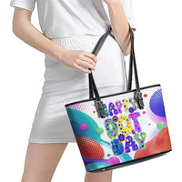 Happy Dot Day Leather Tote Bag Colorful Swirling Polka Dots and Whimsical Smiley Flowers