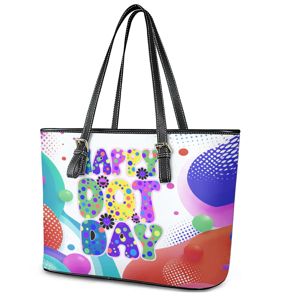 Happy Dot Day Leather Tote Bag Colorful Swirling Polka Dots and Whimsical Smiley Flowers