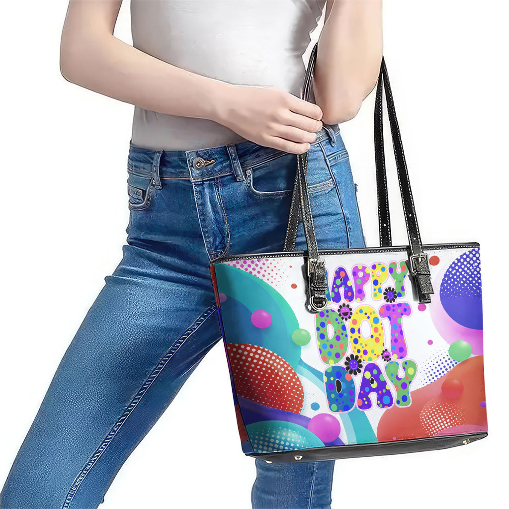 Happy Dot Day Leather Tote Bag Colorful Swirling Polka Dots and Whimsical Smiley Flowers