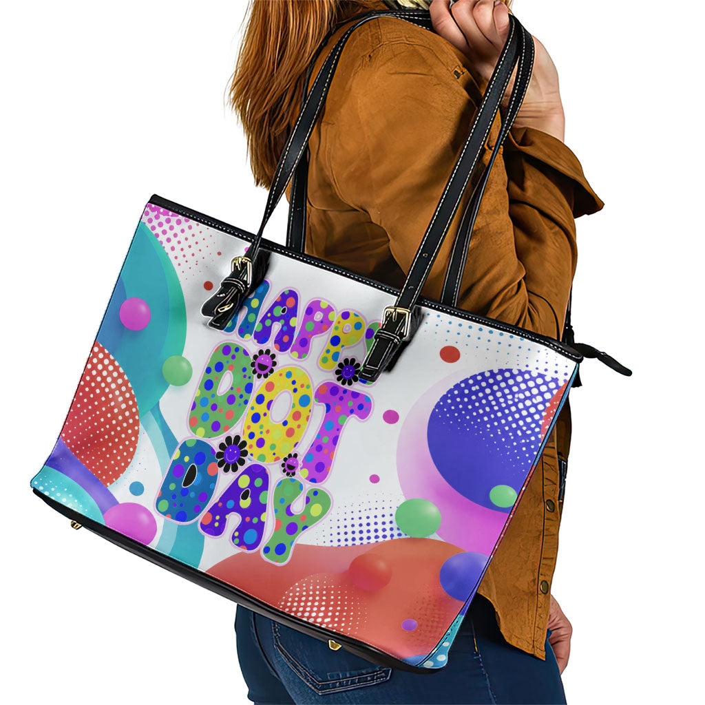 Happy Dot Day Leather Tote Bag Colorful Swirling Polka Dots and Whimsical Smiley Flowers