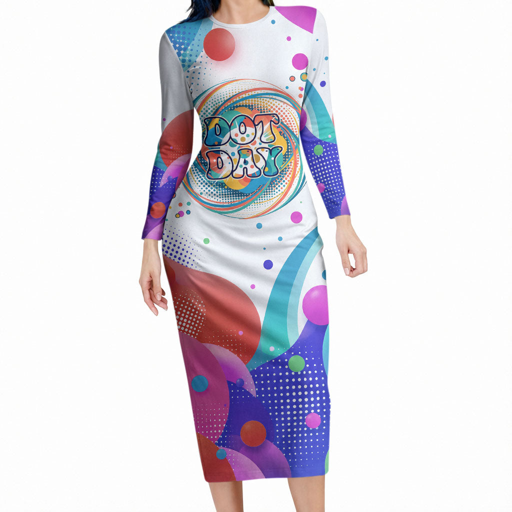 Happy Dot Day Long Sleeve Bodycon Dress Colorful Swirling Polka Dots and Whimsical Smiley Flowers