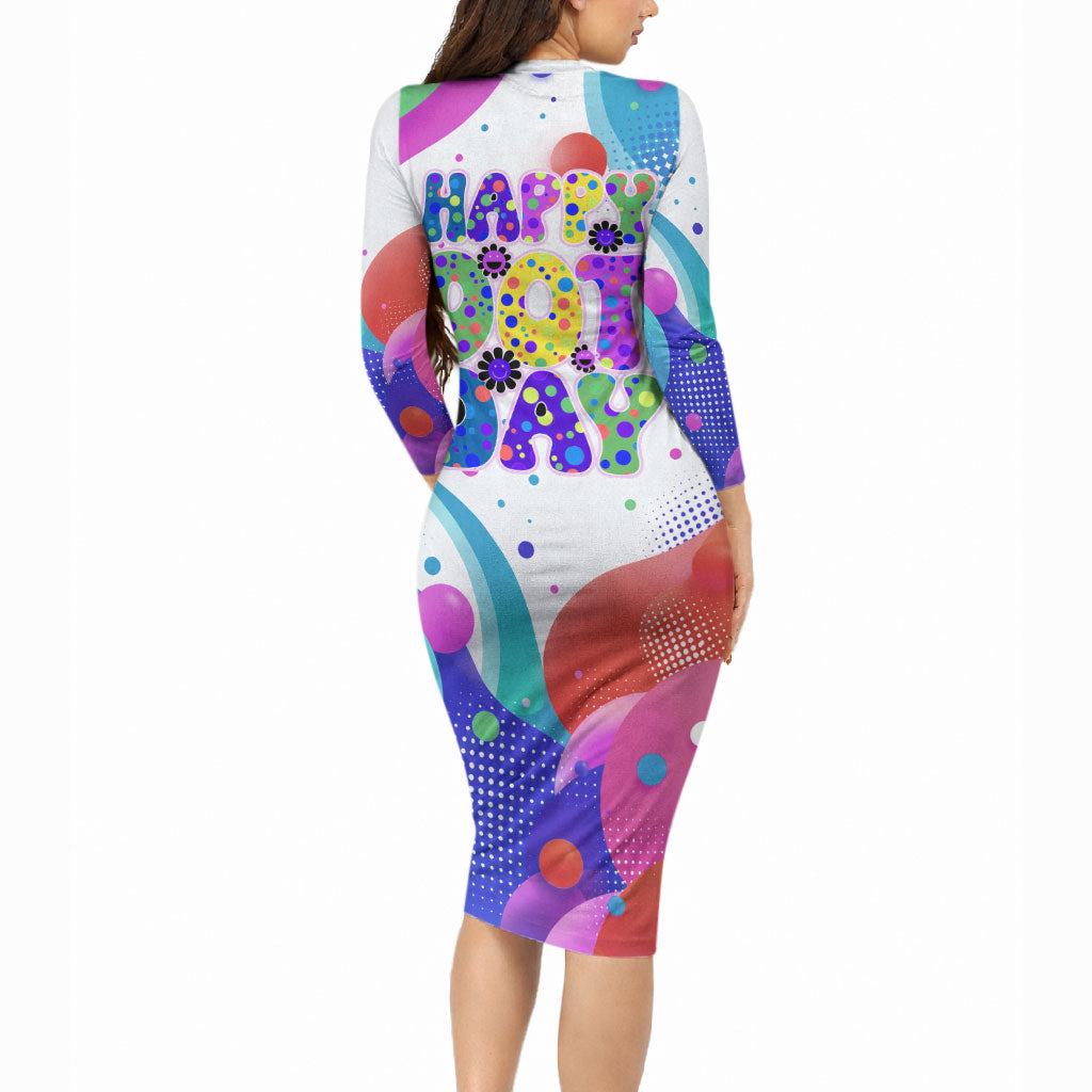 Happy Dot Day Long Sleeve Bodycon Dress Colorful Swirling Polka Dots and Whimsical Smiley Flowers