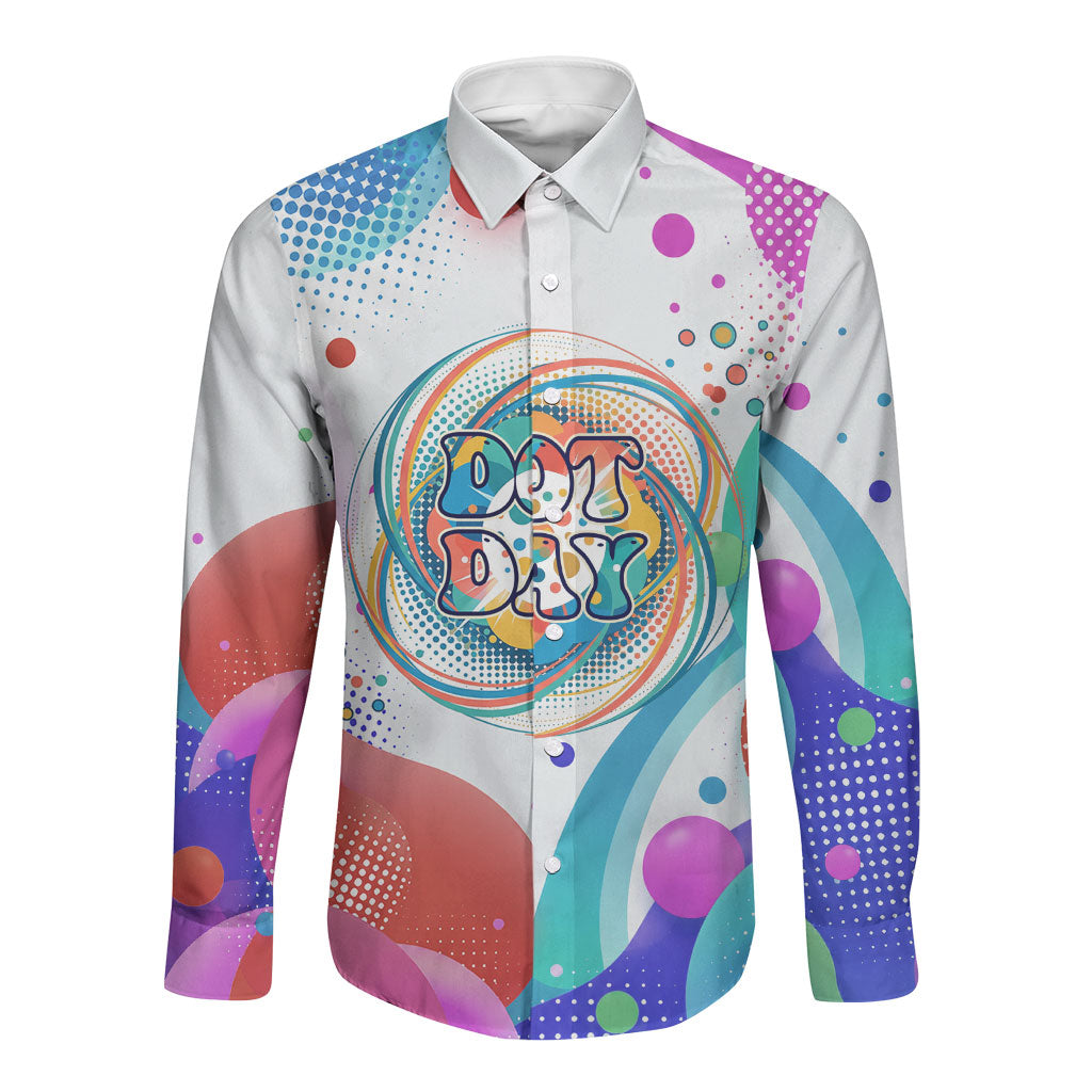 Happy Dot Day Long Sleeve Button Shirt Colorful Swirling Polka Dots and Whimsical Smiley Flowers
