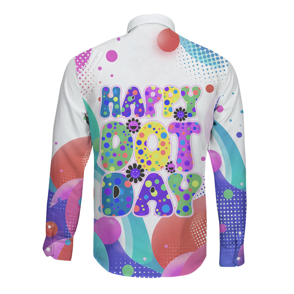 Happy Dot Day Long Sleeve Button Shirt Colorful Swirling Polka Dots and Whimsical Smiley Flowers