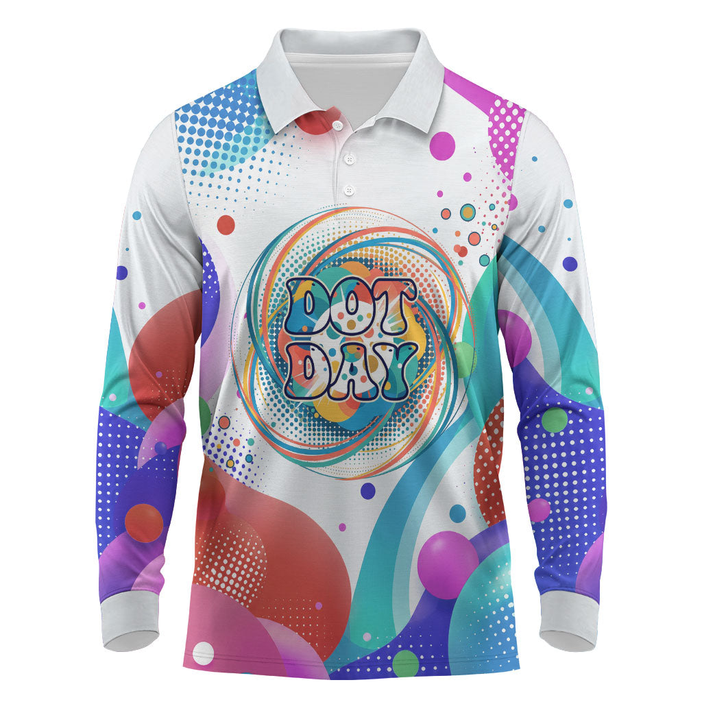 Happy Dot Day Long Sleeve Polo Shirt Colorful Swirling Polka Dots and Whimsical Smiley Flowers
