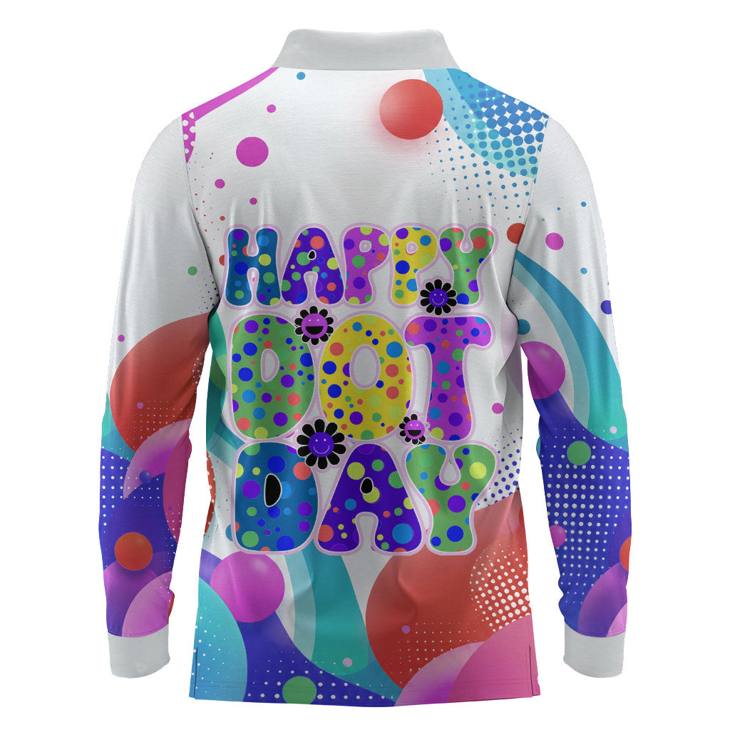 Happy Dot Day Long Sleeve Polo Shirt Colorful Swirling Polka Dots and Whimsical Smiley Flowers
