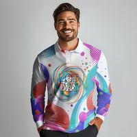 Happy Dot Day Long Sleeve Polo Shirt Colorful Swirling Polka Dots and Whimsical Smiley Flowers