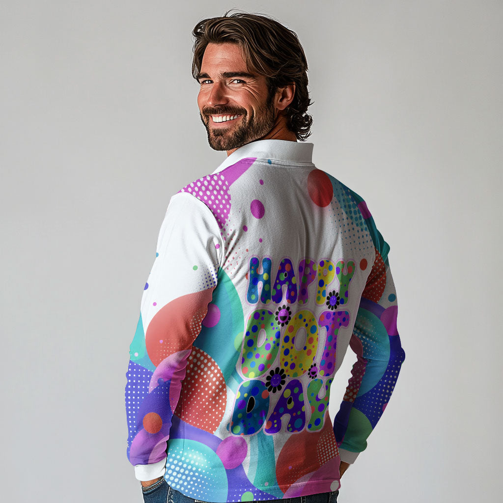 Happy Dot Day Long Sleeve Polo Shirt Colorful Swirling Polka Dots and Whimsical Smiley Flowers