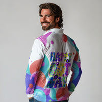 Happy Dot Day Long Sleeve Polo Shirt Colorful Swirling Polka Dots and Whimsical Smiley Flowers