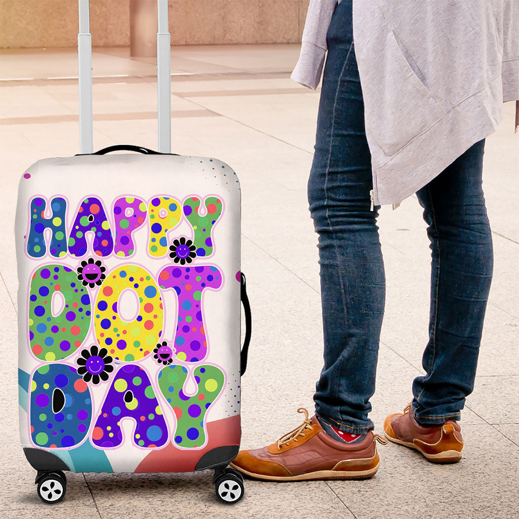Happy Dot Day Luggage Cover Colorful Swirling Polka Dots and Whimsical Smiley Flowers