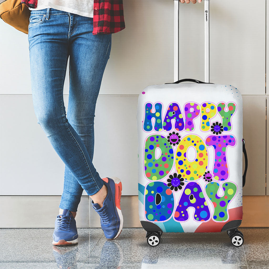 Happy Dot Day Luggage Cover Colorful Swirling Polka Dots and Whimsical Smiley Flowers