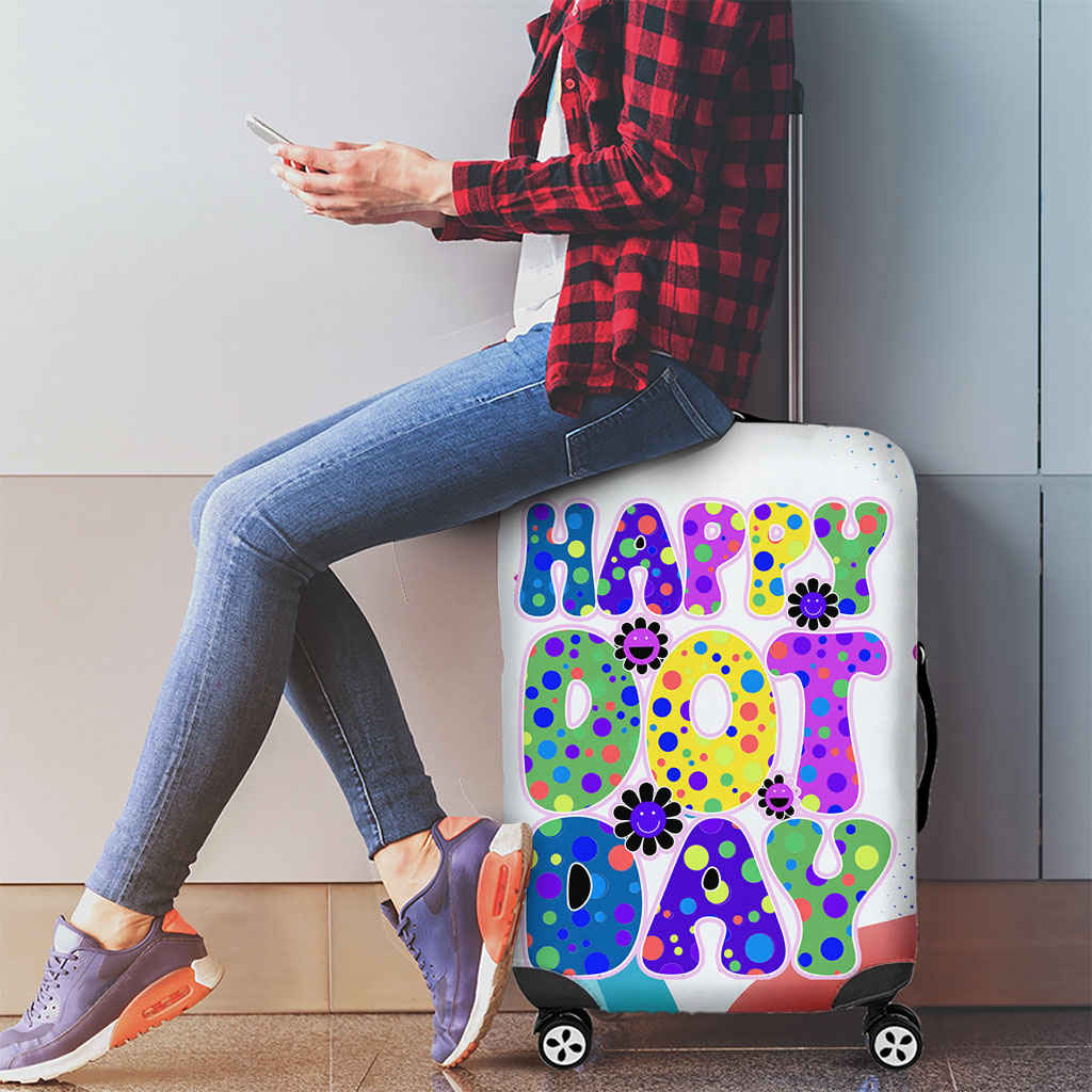 Happy Dot Day Luggage Cover Colorful Swirling Polka Dots and Whimsical Smiley Flowers
