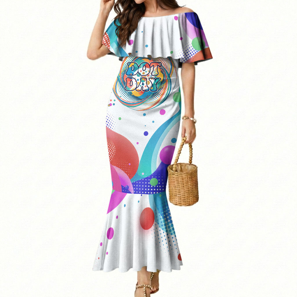 Happy Dot Day Mermaid Dress Colorful Swirling Polka Dots and Whimsical Smiley Flowers