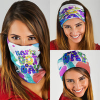 Happy Dot Day Neck Gaiter Colorful Swirling Polka Dots and Whimsical Smiley Flowers