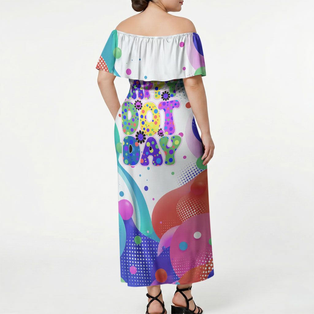 Happy Dot Day Off Shoulder Maxi Dress Colorful Swirling Polka Dots and Whimsical Smiley Flowers
