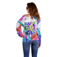 Happy Dot Day Off Shoulder Sweater Colorful Swirling Polka Dots and Whimsical Smiley Flowers