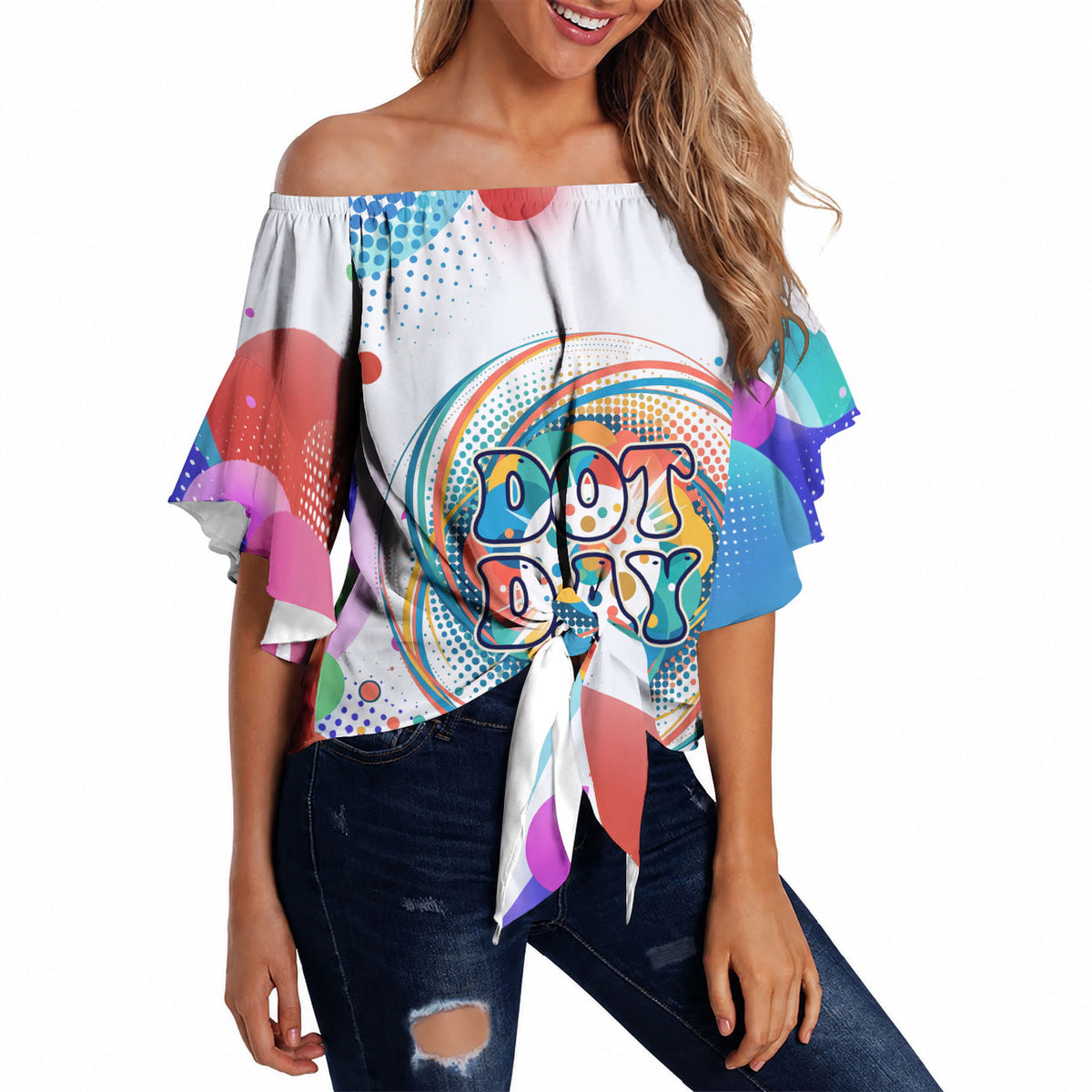 Happy Dot Day Off Shoulder Wrap Waist Top Colorful Swirling Polka Dots and Whimsical Smiley Flowers