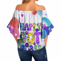 Happy Dot Day Off Shoulder Wrap Waist Top Colorful Swirling Polka Dots and Whimsical Smiley Flowers