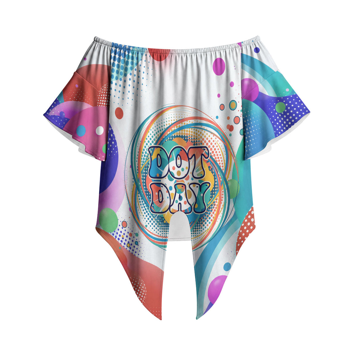 Happy Dot Day Off Shoulder Wrap Waist Top Colorful Swirling Polka Dots and Whimsical Smiley Flowers