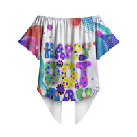 Happy Dot Day Off Shoulder Wrap Waist Top Colorful Swirling Polka Dots and Whimsical Smiley Flowers