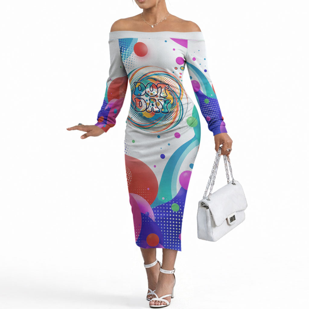 Happy Dot Day Off The Shoulder Long Sleeve Dress Colorful Swirling Polka Dots and Whimsical Smiley Flowers