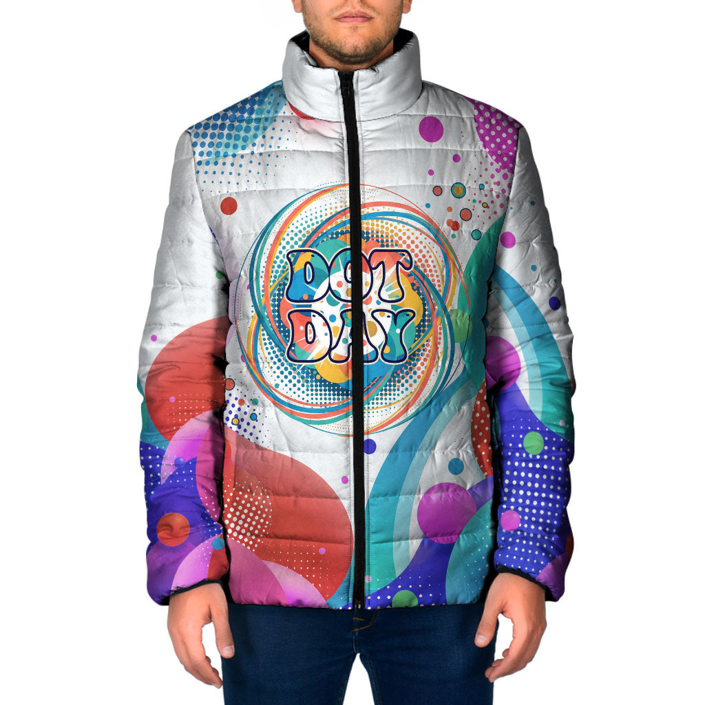 Happy Dot Day Padded Jacket Colorful Swirling Polka Dots and Whimsical Smiley Flowers