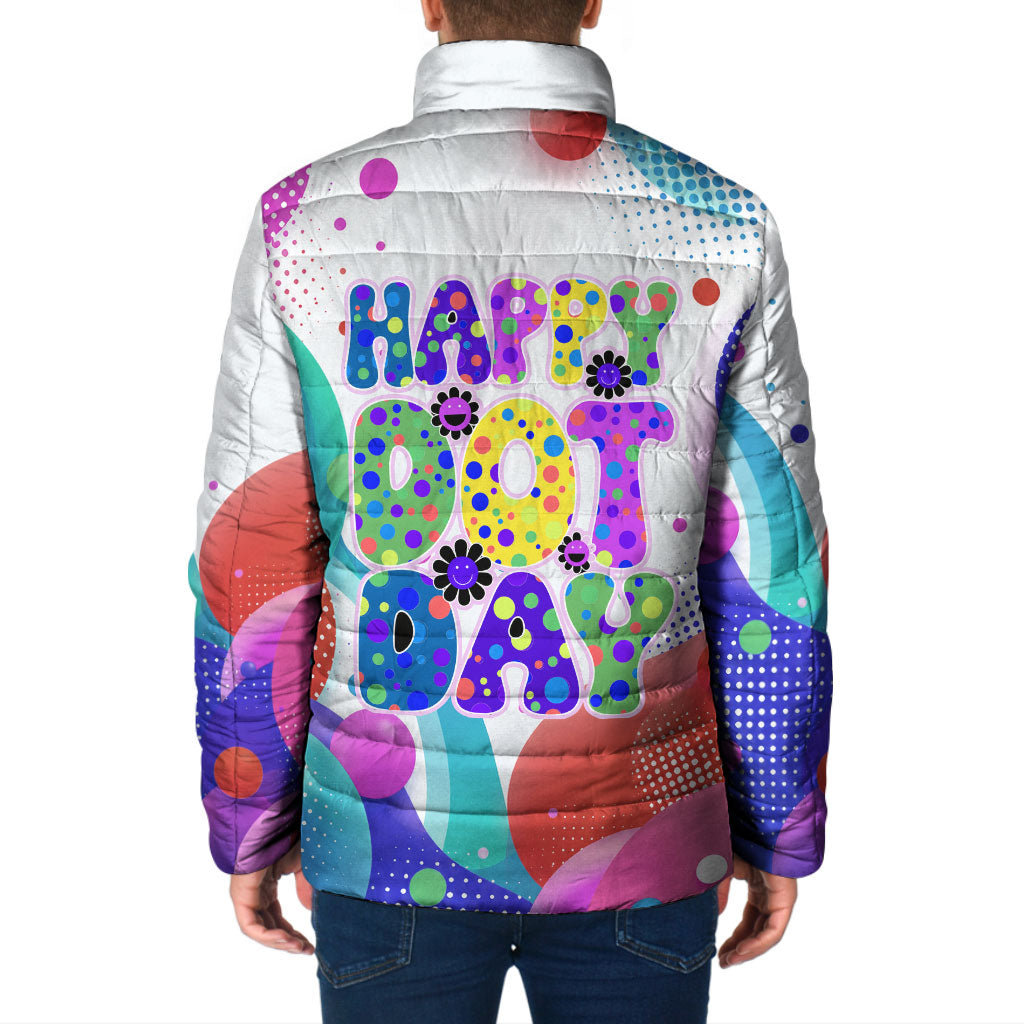Happy Dot Day Padded Jacket Colorful Swirling Polka Dots and Whimsical Smiley Flowers