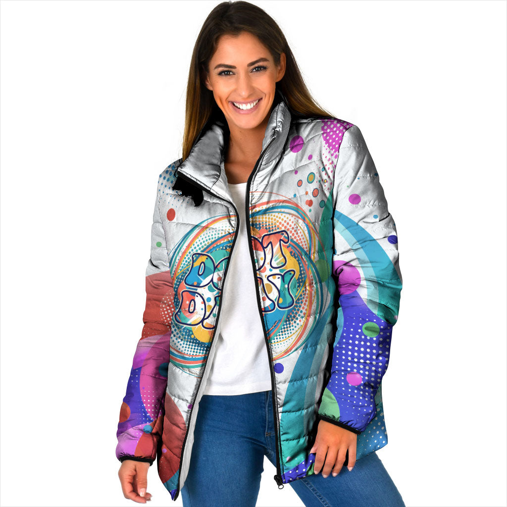 Happy Dot Day Padded Jacket Colorful Swirling Polka Dots and Whimsical Smiley Flowers