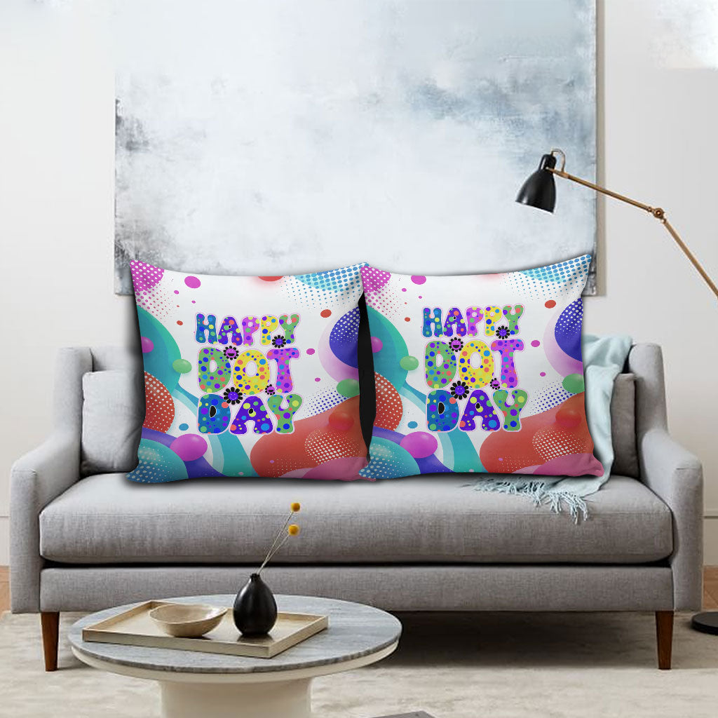 Happy Dot Day Pillow Cover Colorful Swirling Polka Dots and Whimsical Smiley Flowers