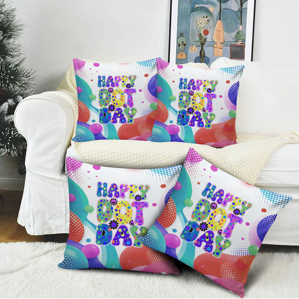 Happy Dot Day Pillow Cover Colorful Swirling Polka Dots and Whimsical Smiley Flowers