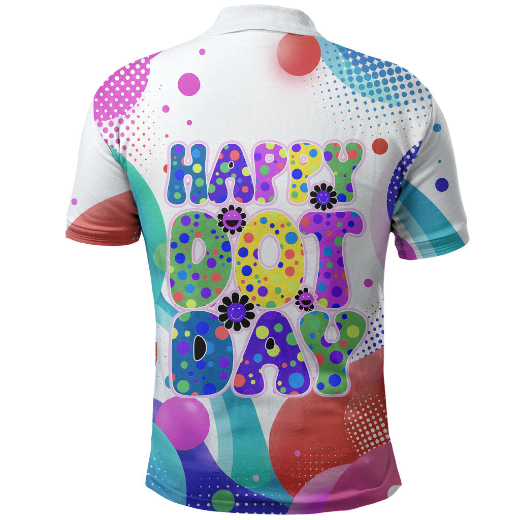 Happy Dot Day Polo Shirt Colorful Swirling Polka Dots and Whimsical Smiley Flowers