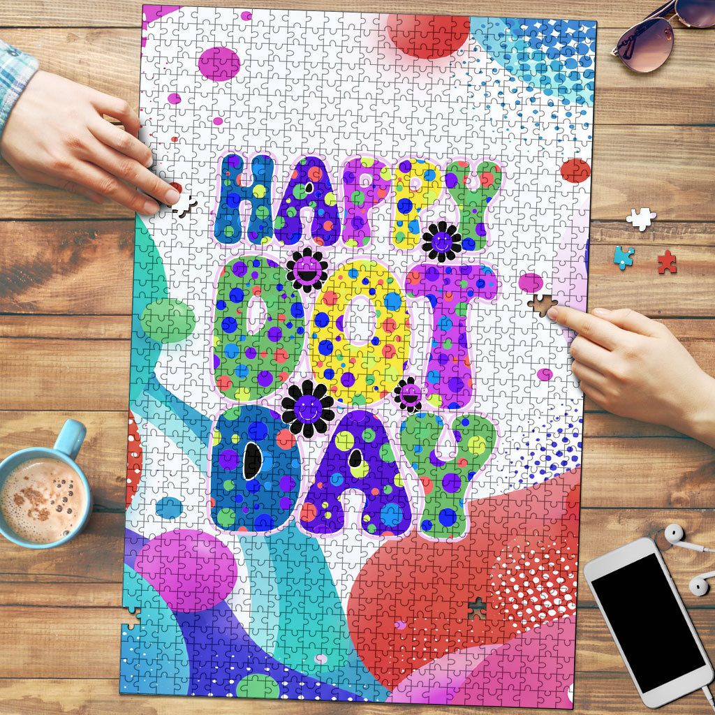 Happy Dot Day Puzzle Colorful Swirling Polka Dots and Whimsical Smiley Flowers