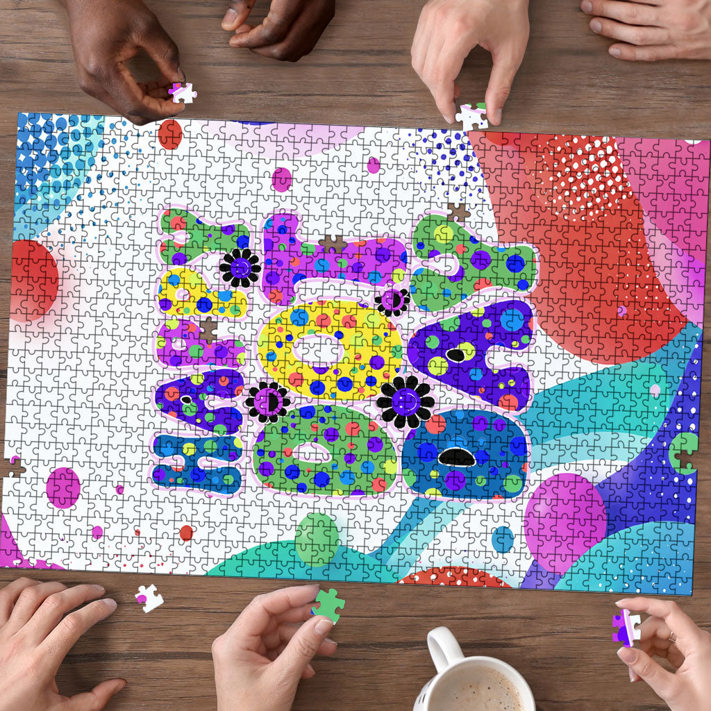 Happy Dot Day Puzzle Colorful Swirling Polka Dots and Whimsical Smiley Flowers