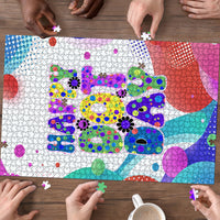 Happy Dot Day Puzzle Colorful Swirling Polka Dots and Whimsical Smiley Flowers