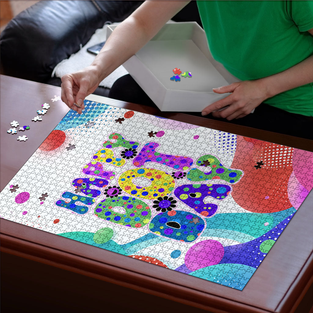 Happy Dot Day Puzzle Colorful Swirling Polka Dots and Whimsical Smiley Flowers