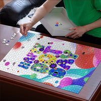 Happy Dot Day Puzzle Colorful Swirling Polka Dots and Whimsical Smiley Flowers