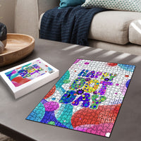 Happy Dot Day Puzzle Colorful Swirling Polka Dots and Whimsical Smiley Flowers