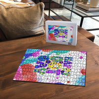 Happy Dot Day Puzzle Colorful Swirling Polka Dots and Whimsical Smiley Flowers