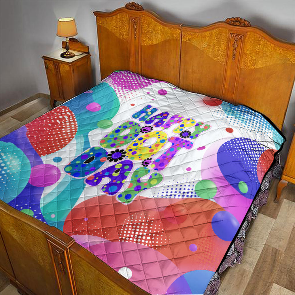 Happy Dot Day Quilt Colorful Swirling Polka Dots and Whimsical Smiley Flowers