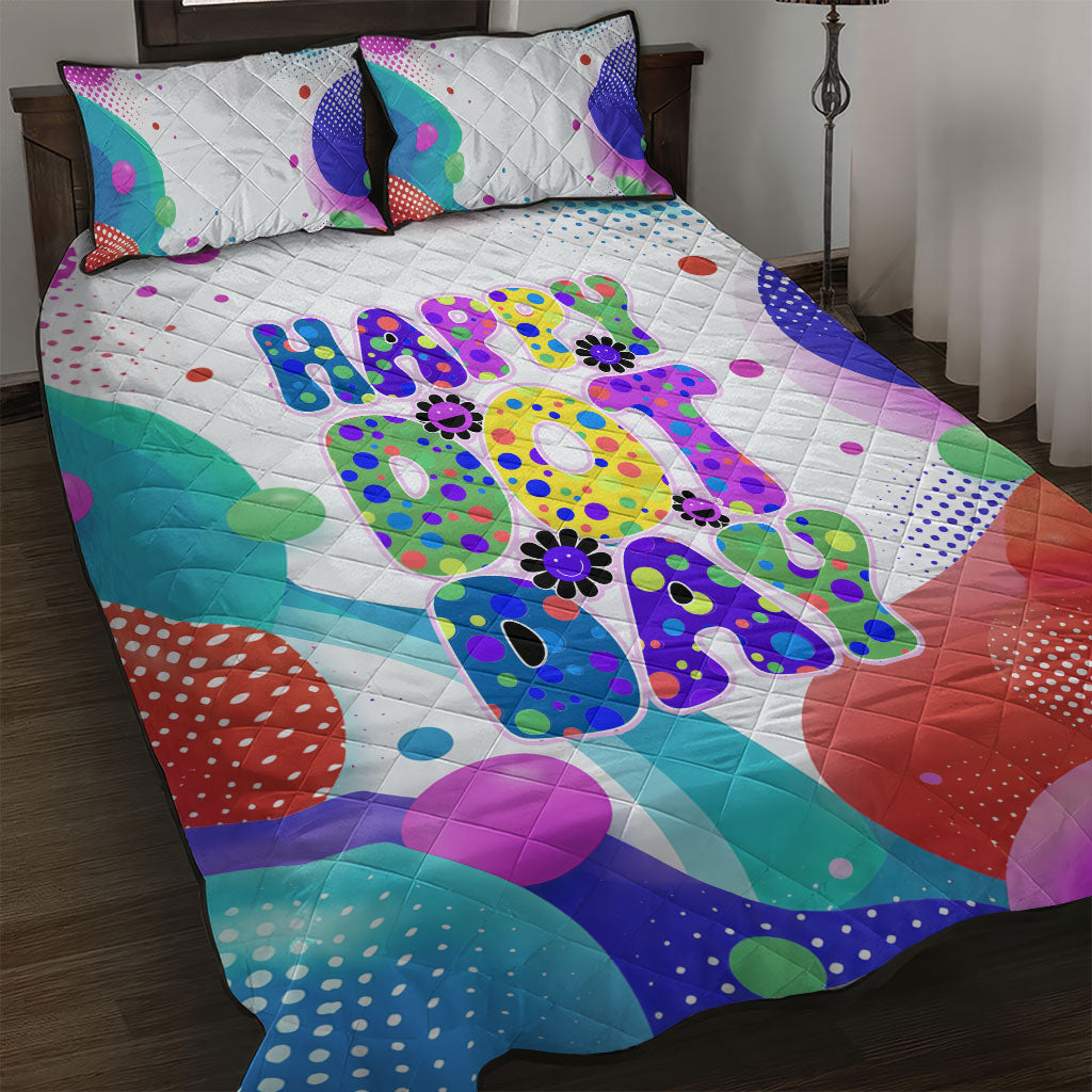 Happy Dot Day Quilt Bed Set Colorful Swirling Polka Dots and Whimsical Smiley Flowers