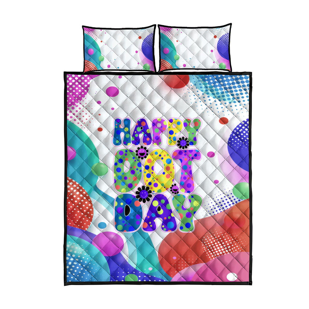 Happy Dot Day Quilt Bed Set Colorful Swirling Polka Dots and Whimsical Smiley Flowers