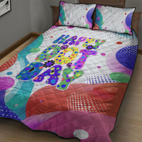 Happy Dot Day Quilt Bed Set Colorful Swirling Polka Dots and Whimsical Smiley Flowers