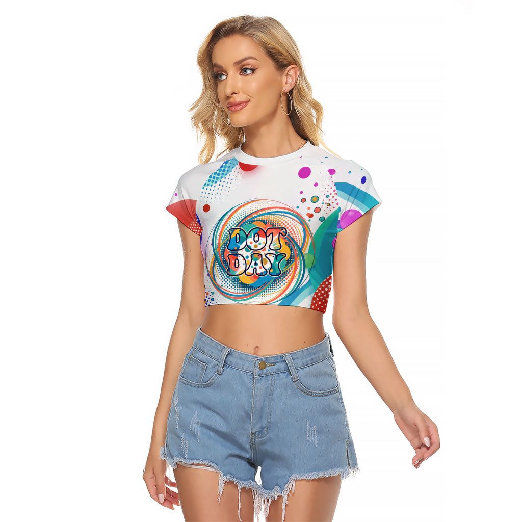 Happy Dot Day Raglan Cropped T Shirt Colorful Swirling Polka Dots and Whimsical Smiley Flowers