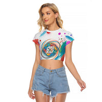 Happy Dot Day Raglan Cropped T Shirt Colorful Swirling Polka Dots and Whimsical Smiley Flowers