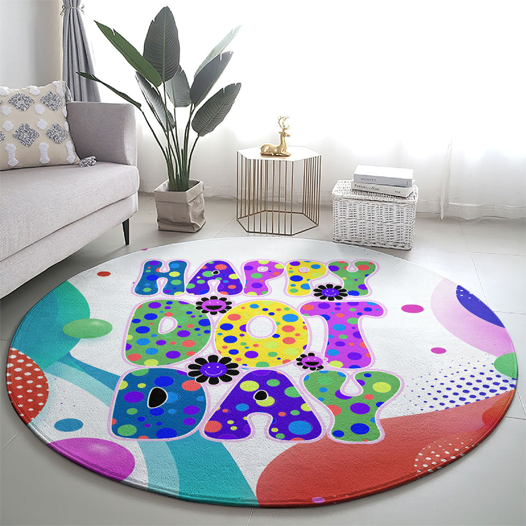 Happy Dot Day Round Carpet Colorful Swirling Polka Dots and Whimsical Smiley Flowers
