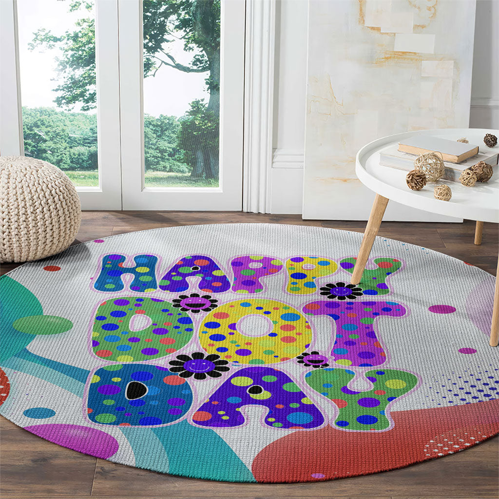 Happy Dot Day Round Carpet Colorful Swirling Polka Dots and Whimsical Smiley Flowers