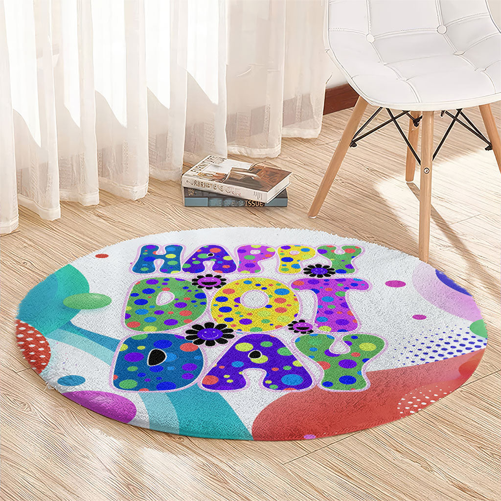 Happy Dot Day Round Carpet Colorful Swirling Polka Dots and Whimsical Smiley Flowers