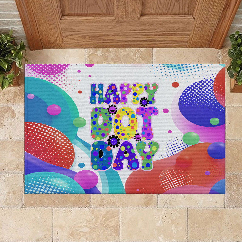 Happy Dot Day Rubber Doormat Colorful Swirling Polka Dots and Whimsical Smiley Flowers